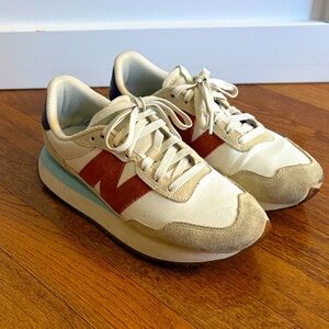 New Balance 237 Cream and Rust Sneakers with Blue Accent
